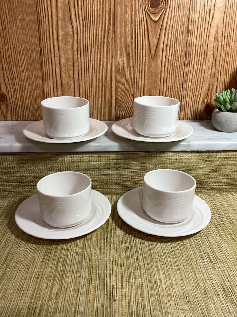 Vintage Arcopal Ivory Milk Glass Bouillon Cup and Saucer Set - 4 Piece